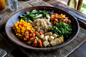 Top view of a bowl of fresh vegetables, quinoa, and tofu neatly arranged on a wooden dish over a tablecloth backdrop. Концепт harmony of freshness and health in modern cuisine.