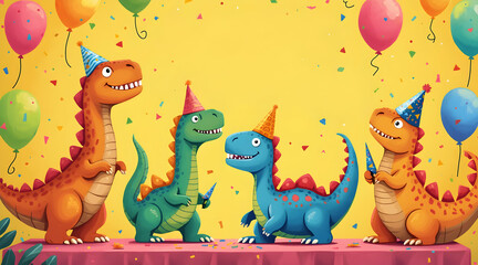 Obraz premium Cartoon Dinosaurs Celebrating at Party with Balloons and Confetti