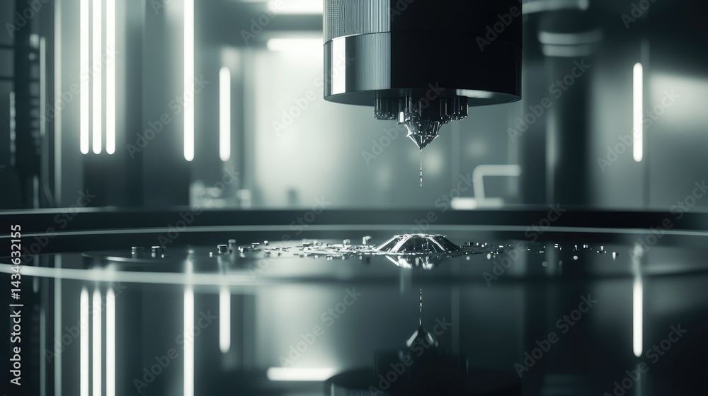 Poster automated d printer creating complex mechanical parts in a precision lab setup, clean environment, n