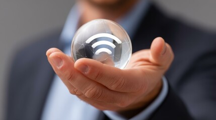 A person interacts with a virtual globe displaying connected networks, highlighting global business communication in the digital age.