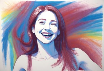 Obraz premium Color Pencil Drawing of Young Woman with Bright Smile and Flowing Hair – Whimsical and Joyful Artistic Style