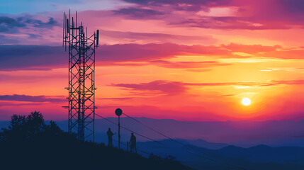 Workers on communication tower amidst vibrant sunset landscape. Signal Tower. Illustration