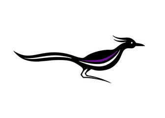 Roadrunner Silhouette: A stylized black and white silhouette of a roadrunner, with purple accent markings, captures the swiftness and energy of this desert bird.