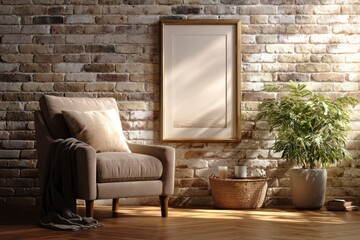 Cozy Armchair with Wall Art and Plant Against Brick Wall Decor