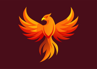 Obraz premium Fiery Phoenix Icon: The illustration of a majestic phoenix ablaze in vibrant hues of orange and gold against a deep red backdrop, symbolizing rebirth and renewal.