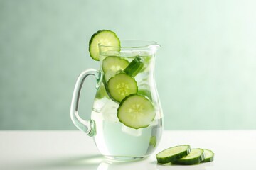 refreshing cucumber-infused water in a clear glass pitcher, with cucumber slices and ice cubes, on a bright white surface with a spa-like zen vibe