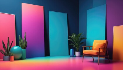 Colorful photo studio decoration and yellow chairs, some plant decorations