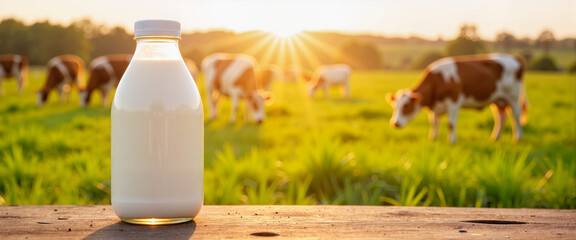 Organic milk bottle amidst cows in green pastures, purity and freshness