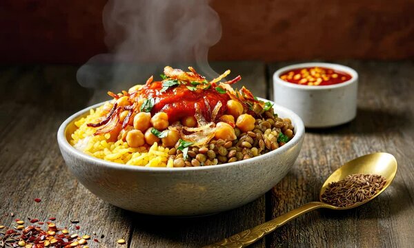 Steaming bowl of traditional lentils, rice, chickpeas, topped with onions and sauce