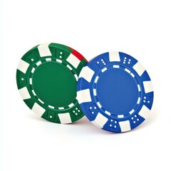 Two vibrant casino chips resting separately on a white background, ideal for gaming and betting themes.