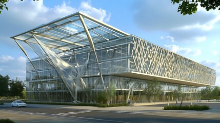 Futuristic Office Building With Transparent Glass Roof Steel Frame Structure Geometric Patterns and Abstract Construction Style