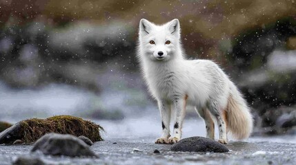 Arctic fox in snowy stream