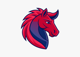 Horse Head Emblem: A stylized head of a horse, rendered in bold, dynamic strokes of red and blue, exuding strength and grace against a clean background.