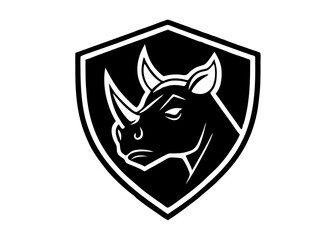 Fototapeta premium Rhinoceros Emblem: A striking monochromatic illustration of a rhino's head is set within a heraldic shield, embodying strength and protection.