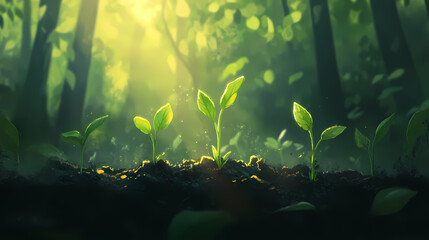 Small seedlings sprouting in dark soil with a quiet forest and the gentle light of early morning. Light Sprout. Illustration