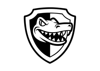 Obraz premium Alligator Emblem: Bold black and white artwork depicts an alligator within a shield. This illustration is ideal for branding, security, or protective imagery.