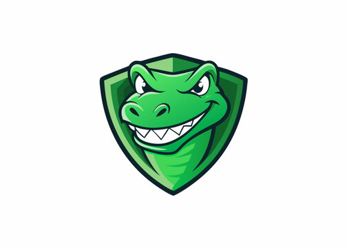 Dinosaur Mascot with Shield: A bold illustration showcases a smiling dinosaur head enclosed within a protective shield, perfect for branding and conveying a sense of strength and security.