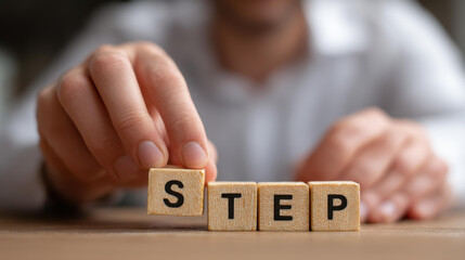 A businessman skillfully stacks wooden blocks, each labeled with steps toward success and progress in business.