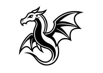 Majestic Dragon Silhouette: A stylized illustration of a dragon in a striking black and white, evoking ancient tales and fantasy worlds, ideal for adding a touch of mythical flair.