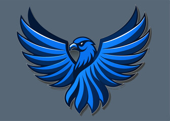 Obraz premium Majestic Blue Falcon: A powerful blue falcon with wings outstretched, symbolizing freedom, strength, and victory. The falcon is depicted in a dynamic pose against a dark gray background. 