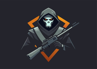 The Grim Guardian: An ominous figure, cloaked and hooded, clutches a weapon, with a skull face, embodying an air of dark guardianship or vigilant.