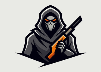 Dark Sentinel: A formidable figure, draped in a hooded cloak and gripping a weapon, stands guard, exuding an aura of vigilance, power, and stoic determination, embodying strength, preparedness.