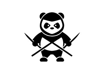 Fototapeta premium Kung Fu Panda Icon: A fierce yet cute panda bear cartoon character, ready for action with crossed bamboo sticks.