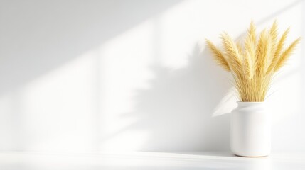 A white vase with dried wheat stalks on a minimalist white surface, soft sunlight casting shadows, and elegant home decor concept.