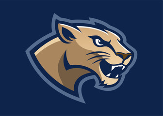 Obraz premium Cougar Head Mascot: A striking cougar head in an aggressive pose, showcasing strength, agility, and determination, rendered in bold, modern graphic design.
