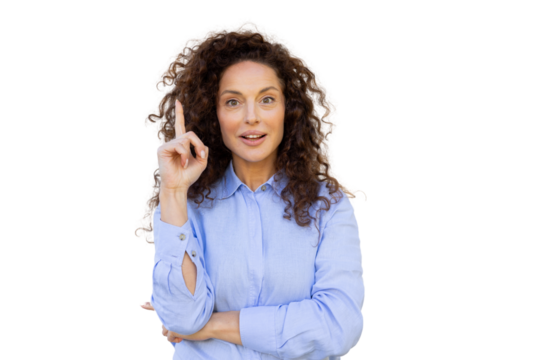 Professional woman gesturing upward, signaling innovative thought against transparent backdrop