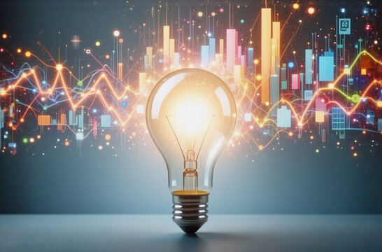 Bright light bulb radiates, symbolizing ideas and innovation. Abstract data bars and lines suggest future technology and digital progress.