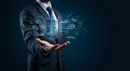 Man in suit holding server rack with digital network overlay on dark blue background depiction