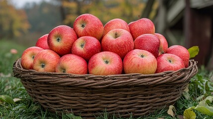Red Apples In A Basket On Grass