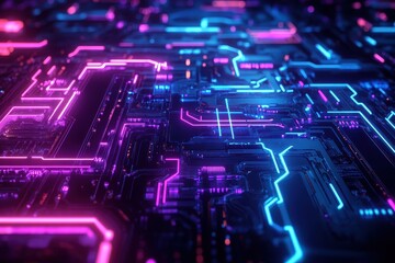 Obraz premium Neon-lit circuit board, showcasing intricate pathways.
