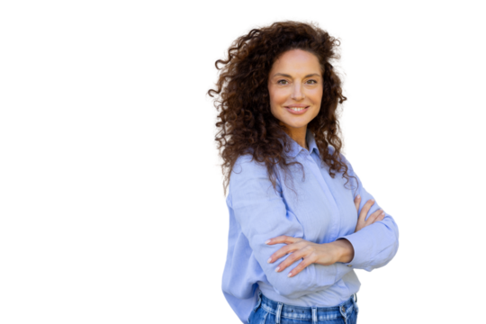 Professional businesswoman standing confidently, arms crossed, against transparent backdrop for seamless design integration