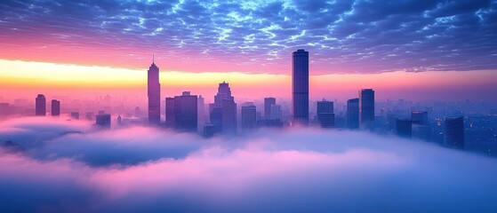 City skyline shrouded in morning mist, colorful sunrise