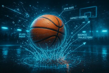 Futuristic basketball with technological data visualization in dynamic splash