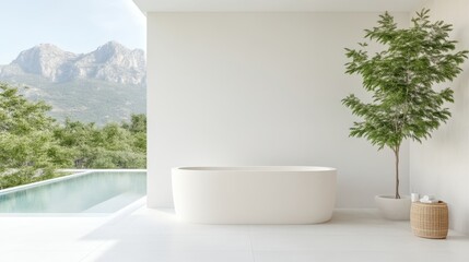 Modern outdoor spa featuring a minimalist white bathtub, lush greenery, and mountain views