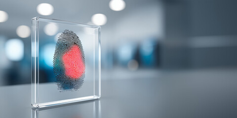 Fingerprint Security: A close-up shot showcasing a red-colored fingerprint encapsulated within a transparent block.