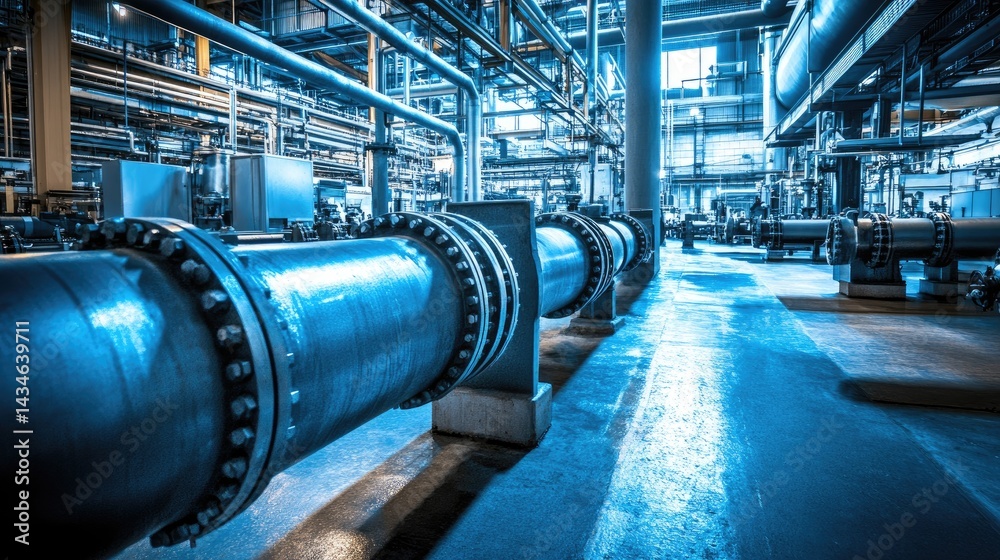 Poster scada system monitoring automated processes in a modern, efficient smart factory layout, no people