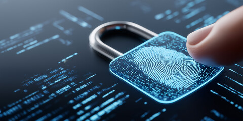 Cybersecurity at Your Fingertips: A closeup image showcasing a digital padlock overlaid with a fingerprint, symbolizing digital security and the protection of sensitive data.