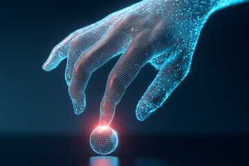 Digital Touch: The image presents a futuristic concept where a digital hand interacts with a sphere, representing technology and innovation, with a neon glow. 