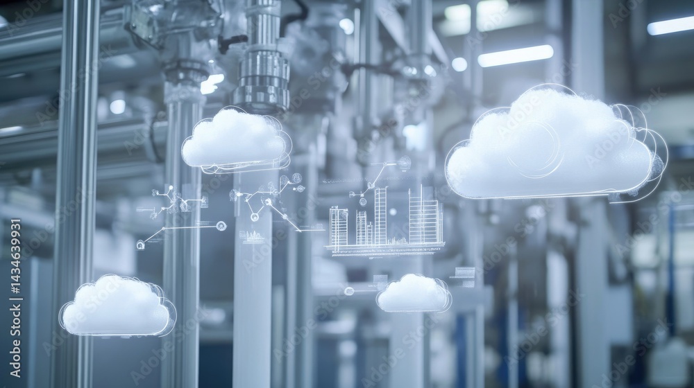 Poster smart sensors collecting and transmitting data to a centralized cloud platform in a factory, no peop