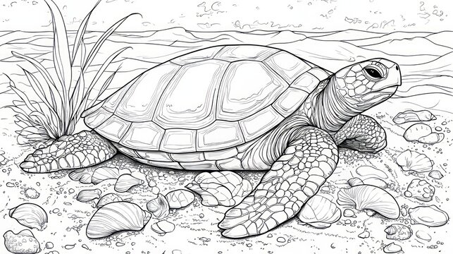 Detailed Turtle Coloring Page for Relaxation and Creativity
