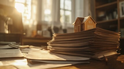 Stack of investment brochures, house-shaped paperweights, and financial charts, no people