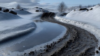 Snowy path with muddy puddle