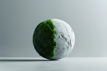 earth depicted as half living greenery, half mechanical grey, illustrates climate duality with striking visual contrast