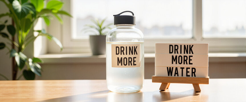 Inspirational water bottle with "Drink More Water" label on wooden table, hydration reminder
