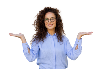 Professional female presenting business concept with welcoming gesture, white backdrop