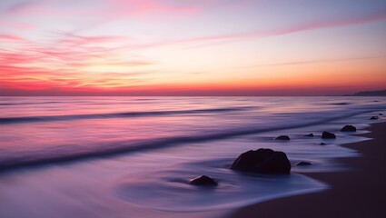 &ldquo;Surreal hyper-realistic beach at golden hour, vibrant magenta and peach skies stretching across a tranquil sea, long exposure waves creating a misty shoreline, silhouetted boulders in the foreground,